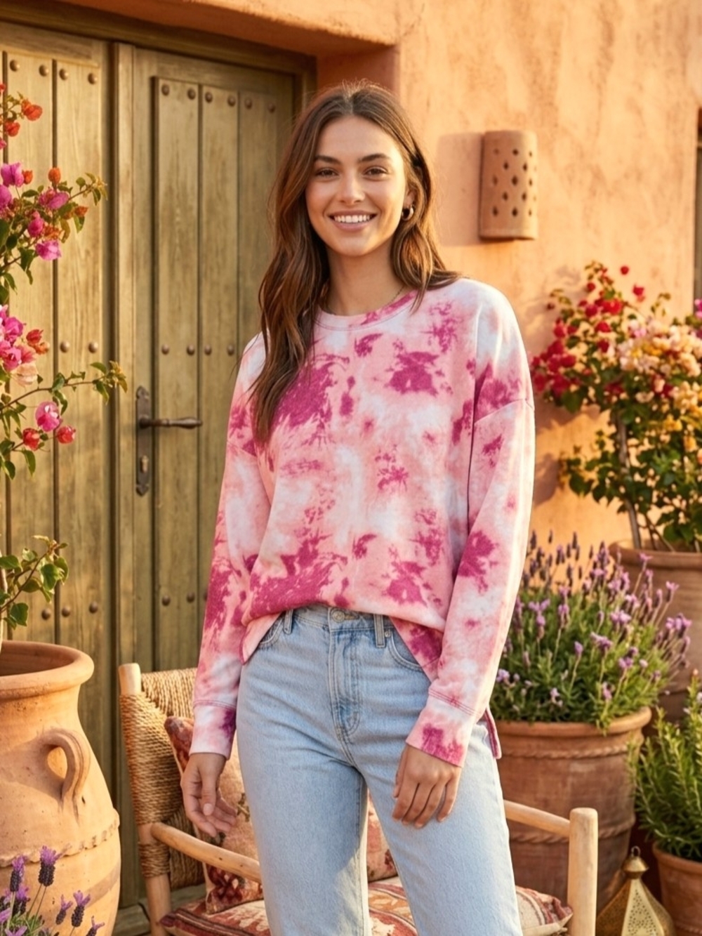 Ideology Pink & White Tie-Dye Crewneck Sweater NWT